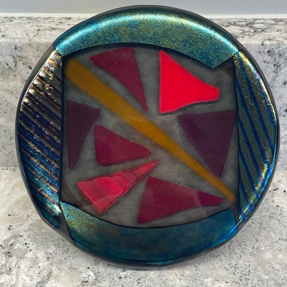 Kitchen Stove Top Hot Plate Handmade Trivet Fused Glass Style Iridescent Tones